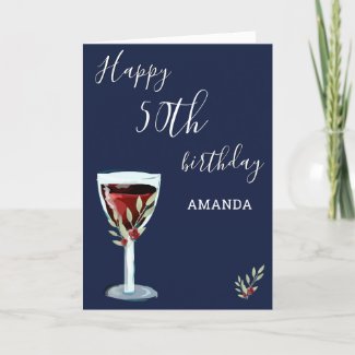 50th Birthday Red Wine Rose Watercolor Navy Blue Card
