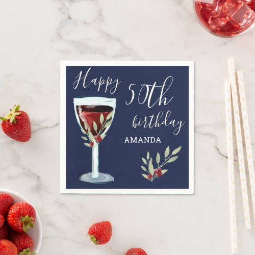 50th Birthday Red Wine Rose Watercolor Navy Blue Napkins