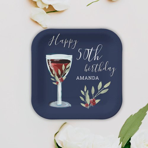 50th Birthday Red Wine Rose Watercolor Navy Blue  Paper Plates