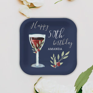 50th Birthday Red Wine Rose Watercolor Navy Blue  Paper Plates