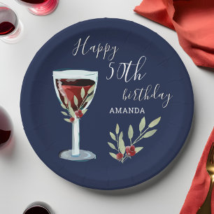 50th Birthday Red Wine Rose Watercolor Navy Blue Paper Plates