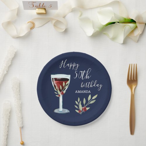 50th Birthday Red Wine Rose Watercolor Navy Blue Paper Plates