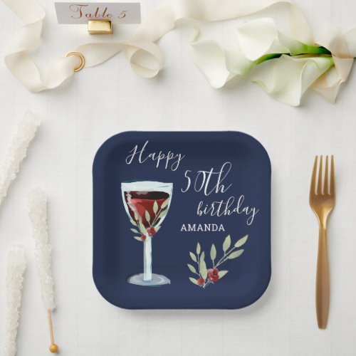 50th Birthday Red Wine Rose Watercolor Navy Blue  Paper Plates - 50th Birthday Red Wine Rose Watercolor Navy Blue Square Paper Plates. The design has watercolor red wine glass, roses and twigs on a navy blue background. The text is in white and is fully customizable -  personalize it with your name and any age. 