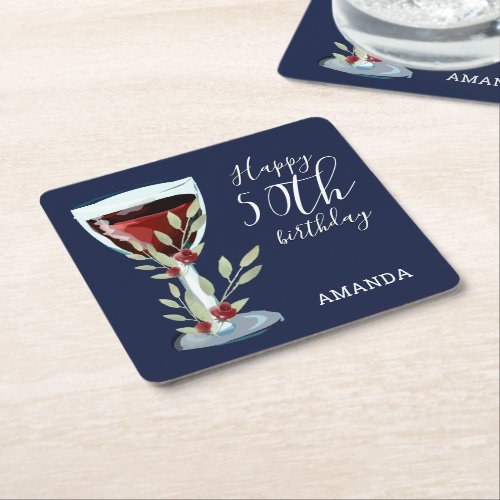 50th Birthday Red Wine Rose Watercolor Navy Blue Square Paper Coaster