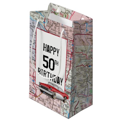 50th Birthday Retro Buick On Map  Small Gift Bag