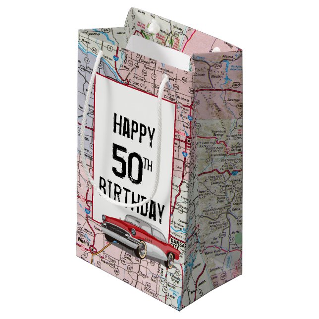 50th Birthday Retro Buick On Map  Small Gift Bag (Front Angled)