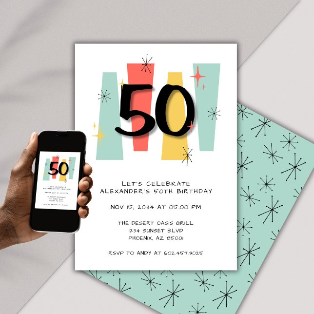 50th Birthday Retro Midcentury Modern Colorful Invitation (Creator Uploaded)