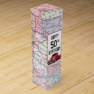 50th Birthday Retro Red Truck on Road Map   Wine Box