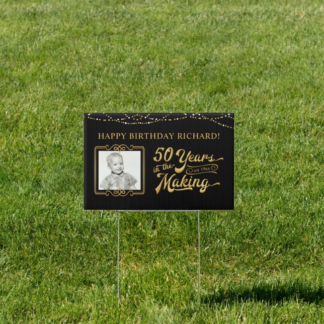 50th Birthday Retro Typography Black Gold Lights Sign (Insitu)