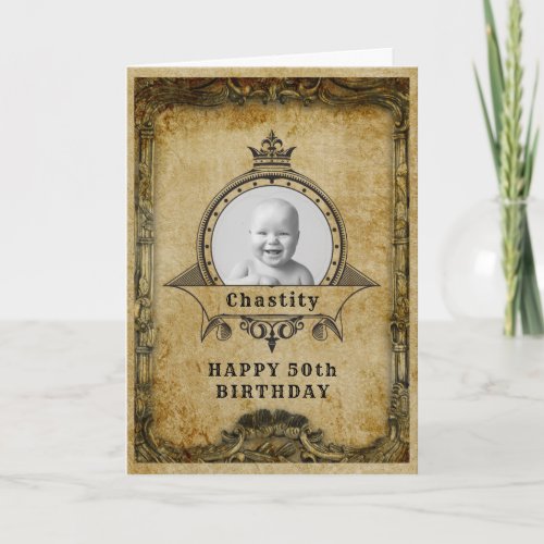 50th Birthday Retro Vintage Monogram Photo Adult Card