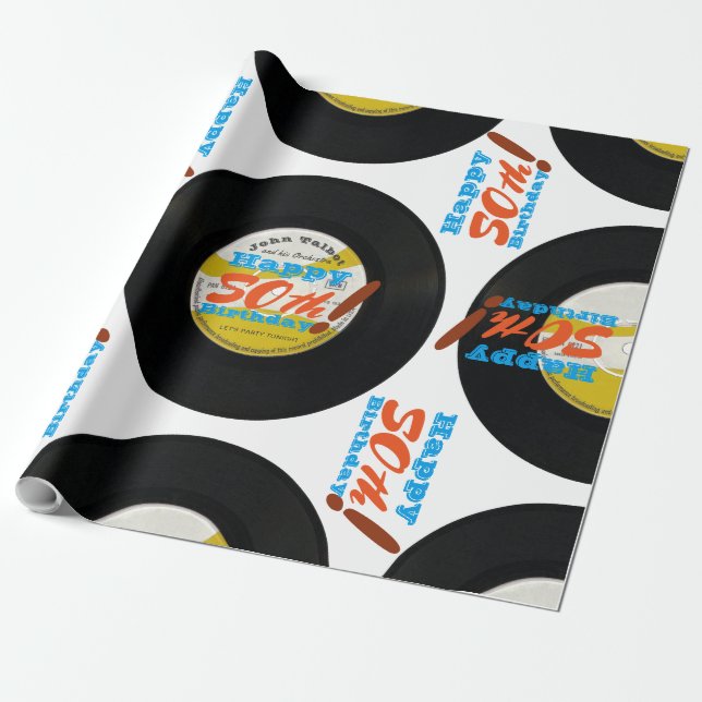 50th Birthday Retro Vinyl Record 45 RPM Name WP2 Wrapping Paper (Unrolled)