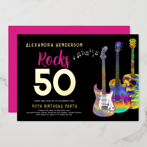 50th Birthday Rocks 50 Party Pink Foil Invitation