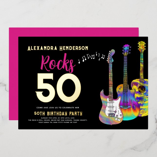 50th Birthday Rocks 50 Party Pink Foil Invitation (Front/Back)
