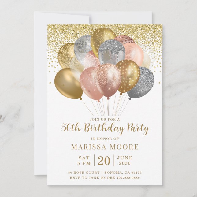 50th Birthday Rose Gold And Gold Glitter Invitation (Front)