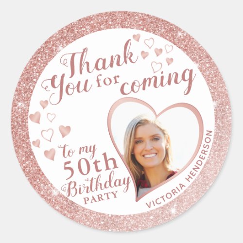 50th Birthday Rose Gold and White Thank You Classic Round Sticker