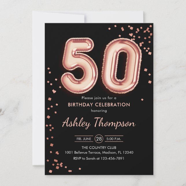 50th Birthday - Rose Gold Balloons Black Invitation (Front)