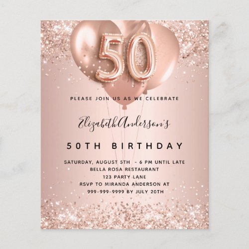 50th birthday rose gold balloons budget invitation flyer
