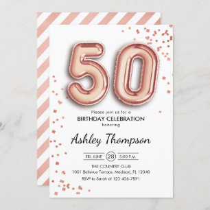 50th Birthday - Rose Gold Balloons Invitation