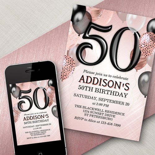 50th Birthday Rose Gold Balloons Invitation