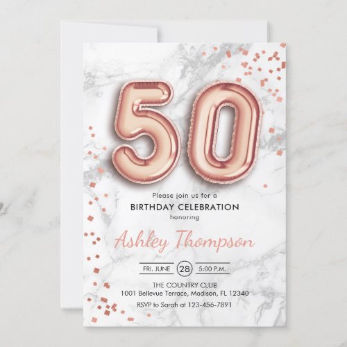 50th Birthday _ Rose Gold Balloons Marble Effect Invitation