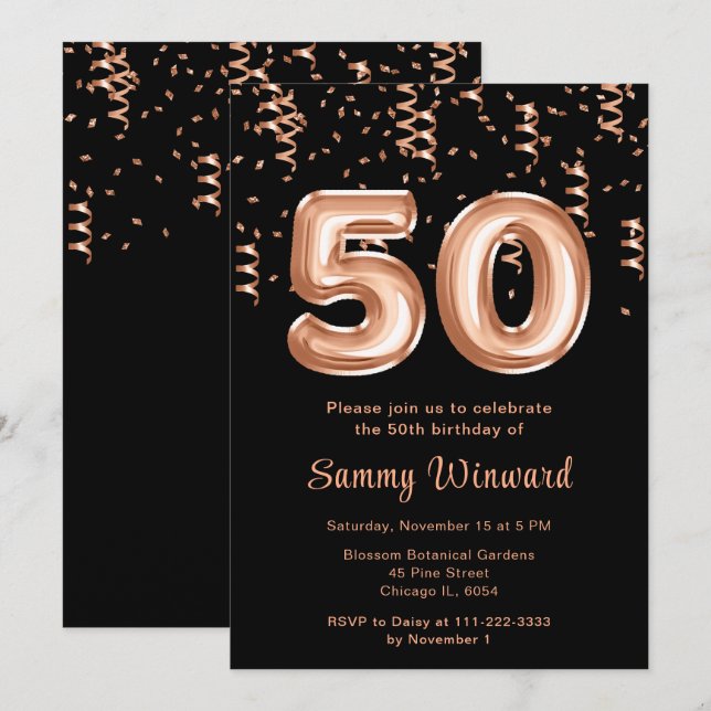 50th Birthday Rose Gold Balloons with Confetti Invitation (Front/Back)
