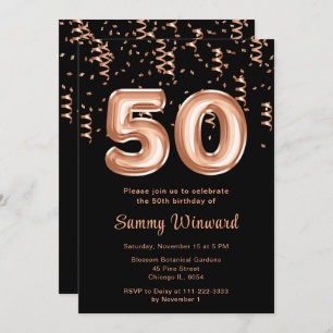 50th Birthday Rose Gold Balloons with Confetti Invitation