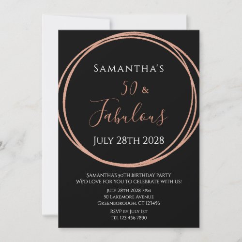 50th Birthday Rose Gold Black Birthday Invitation