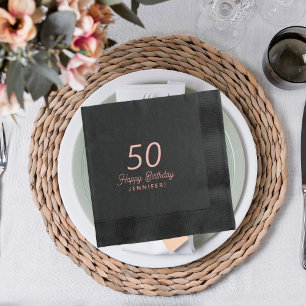 50th Birthday rose gold black name personalized Foil Napkins