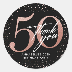 50th Birthday Rose Gold & Black Thank You Classic Round Sticker