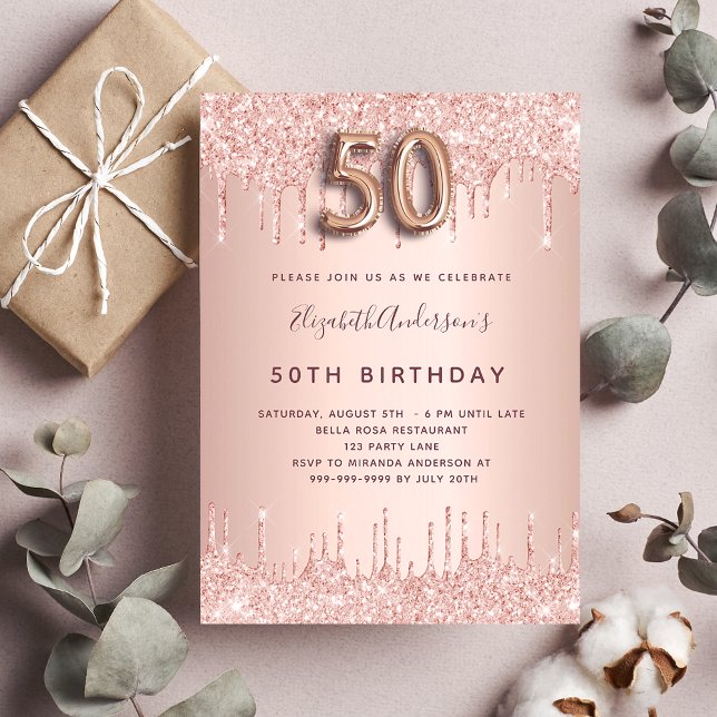 50th Birthday rose gold blush drips Invitation (Creator Uploaded)