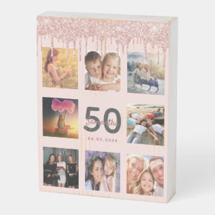 50th birthday rose gold blush drips photo wooden box sign