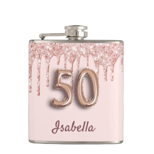 50th birthday rose gold blush friends flask