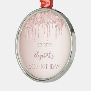 50th birthday rose gold blush glitter drips name metal ornament