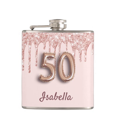 50th birthday rose gold blush glitter friends flask