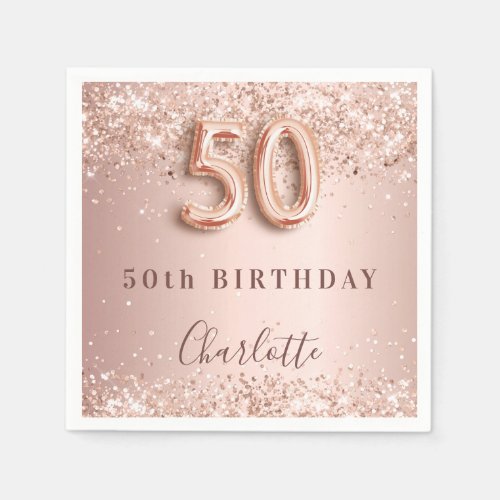 50th birthday rose gold blush glitter name napkins