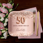 50th birthday rose gold blush glitter name paper plates<br><div class="desc">Elegant, classic, glamorous and girly for a 50th birthday party. Rose gold and blush gradient background. Decorated with rose gold, faux glitter, sparkles. Personalize and add a name. The name is written with a modern dark rose colored hand lettered style script. Number 50 is written with a balloon style font....</div>