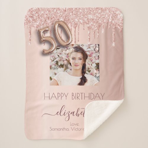 50th birthday rose gold blush glitter photo sherpa blanket