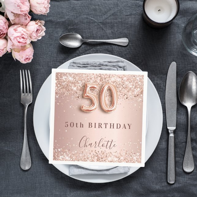 50th birthday rose gold blush name napkins (Creator Uploaded)