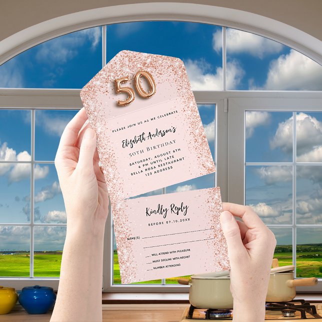 50th birthday rose gold blush sparkle party RSVP All In One Invitation (Creator Uploaded)