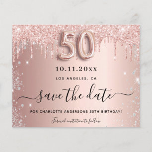 50th birthday rose gold budget save the date flyer