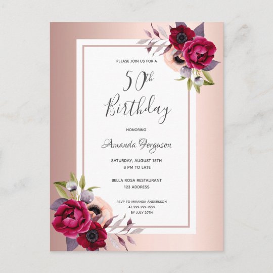 50th Birthday Rose Gold Burgundy Floral Invitation Postcard 