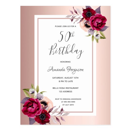 50th birthday rose gold burgundy floral invitation postcard | Zazzle.com