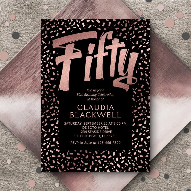50th Birthday Rose Gold Confetti Invitation (Creator Uploaded)