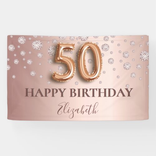 50th birthday rose gold diamonds balloon script banner