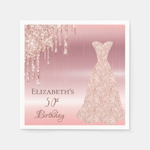 50th birthday rose gold dress glitter drip glam napkins