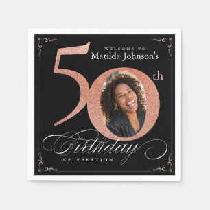 50th Birthday Rose Gold Glitter Black Photo Napkins
