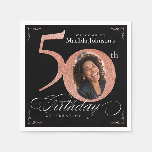 50th Birthday Rose Gold Glitter Black Photo Napkins (Front)