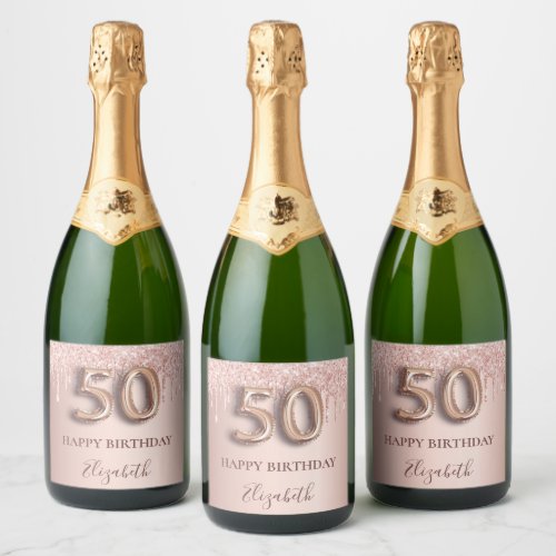 50th birthday rose gold glitter blush elegant sparkling wine label