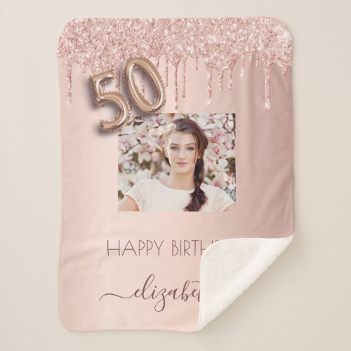 50th birthday rose gold glitter blush name photo sherpa blanket