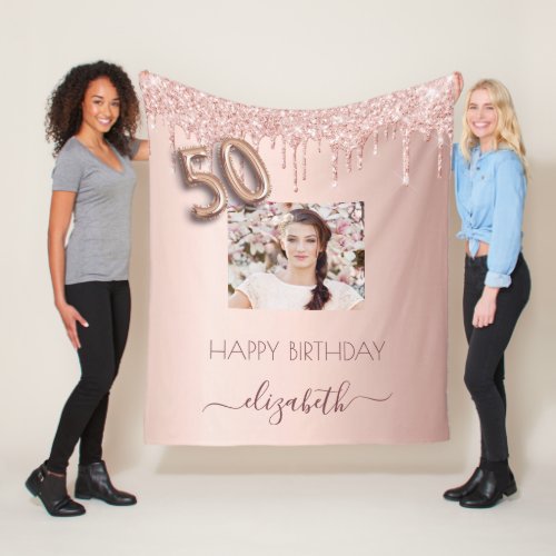 50th birthday rose gold glitter blush pink photo fleece blanket